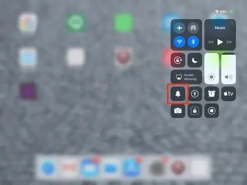 An iPad Control Panel screenshot with the silent mode button highlighted