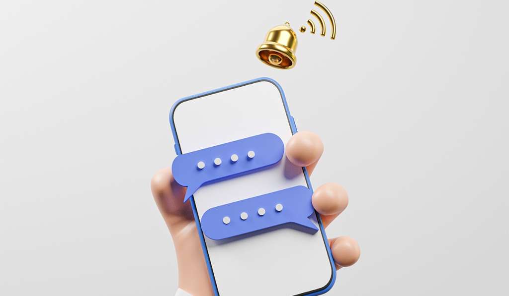 An animated image of an iPhone with two conversation bubbles, a 4-fingered hand and a ringing bell