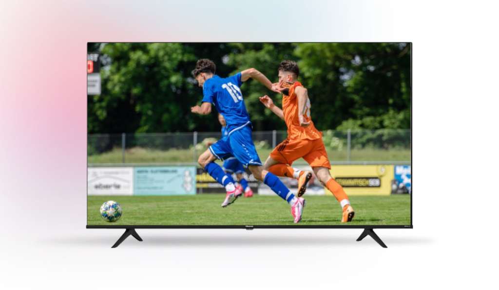 Football match with two players on the screen of a Hisense TV