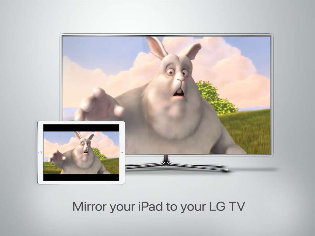 An iPad and an LG TV displaying the same image of an animated rabbit. The header says "Mirror your iPad to your LG TV"
