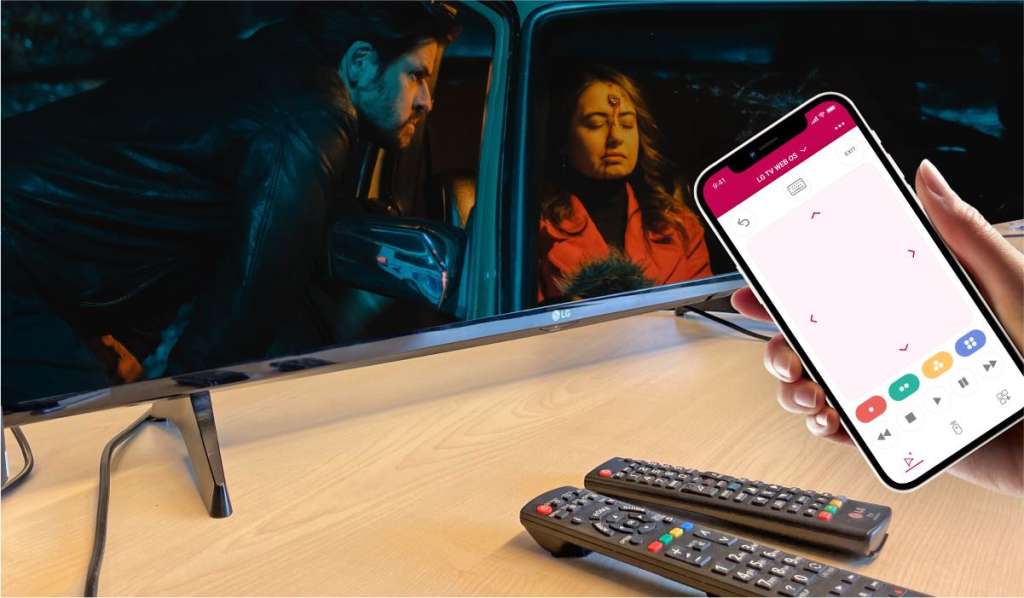 A hand holding na iPhone with the LG TV Remote Control Plus + app interface on the screen. An LG TV with a dark TV series, and two LG TV remotes