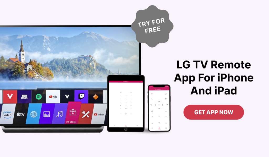 A banner promoting the LG TV remote app, with an LG Tv and an iPhone and iPad displaying the interface of the LG Tv Remote Control Plus + app