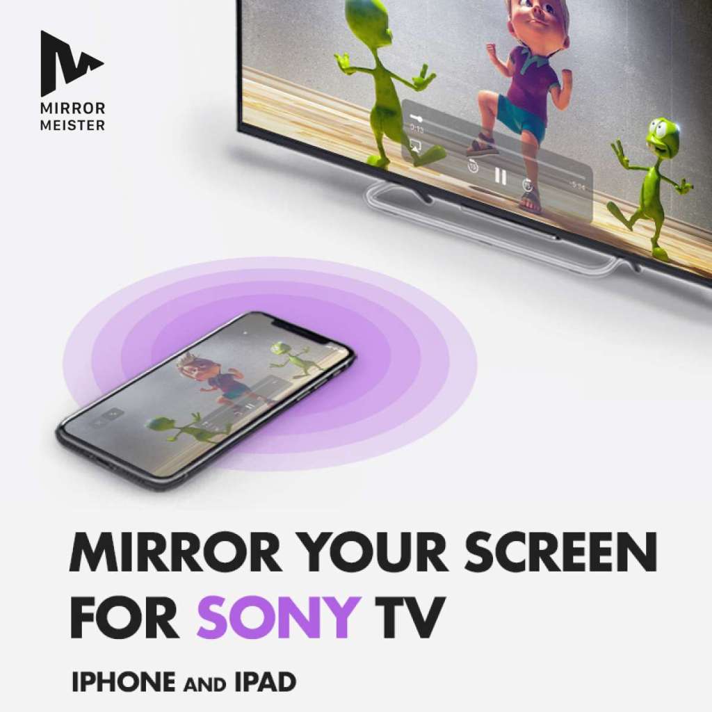 A MirrorMeister banner with an iPhone, a Sony TV and a header "Mirror Your Screen For Sony TV iPhone and iPad" and a MirrorMeister logo