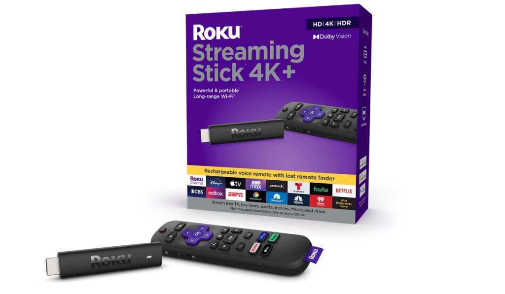 Roku streaming stick 4k+ with a box and a remote
