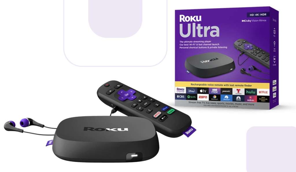 A Roku Ultra with a remote and headphones. A Roku Ultra box