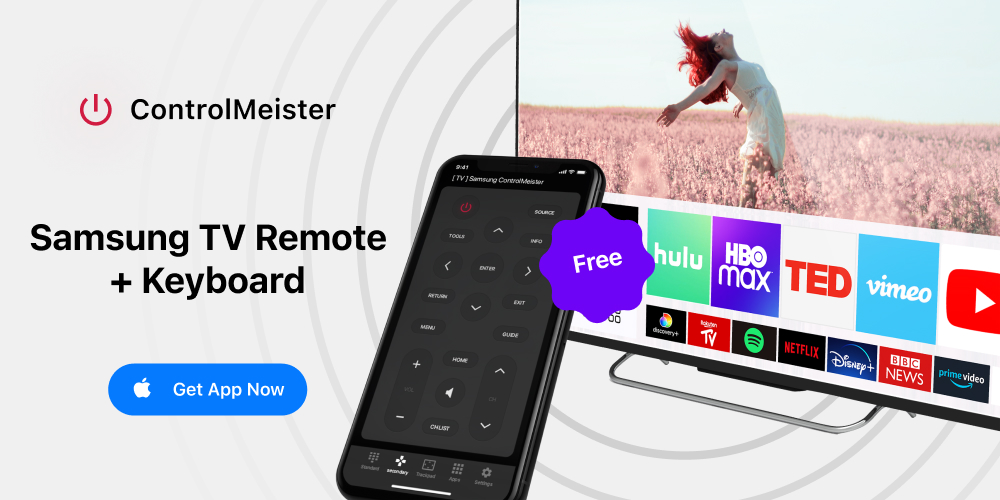 A banner of ControlMeister - showing an iPhone and a smart tv on white background with black text that states: Samsung TV Remote + Keyboard