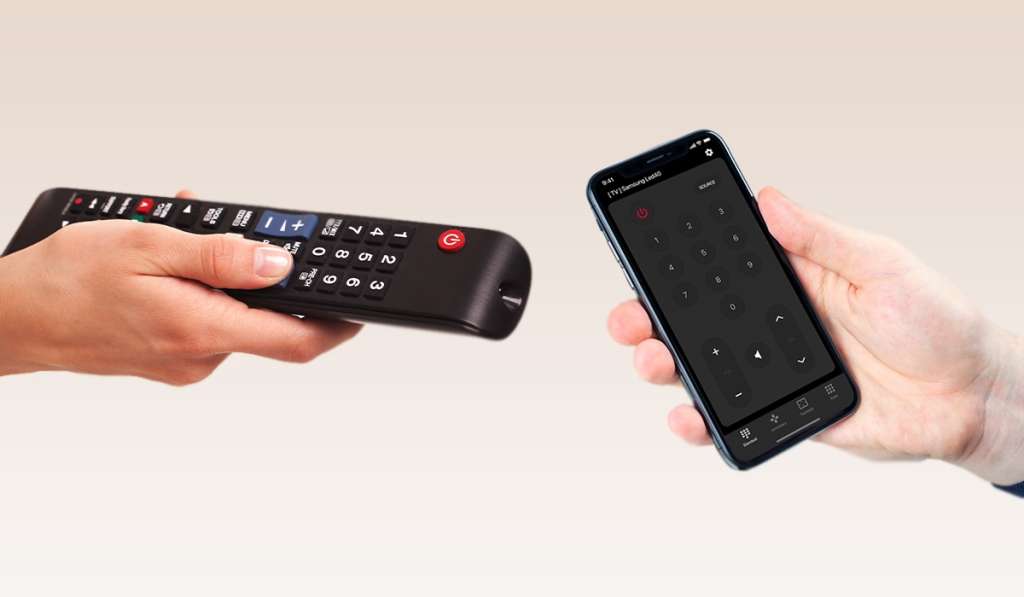 Two hands, one holding a Samsung TV remote and the other holding an iPhone with ControlMeister on the screen