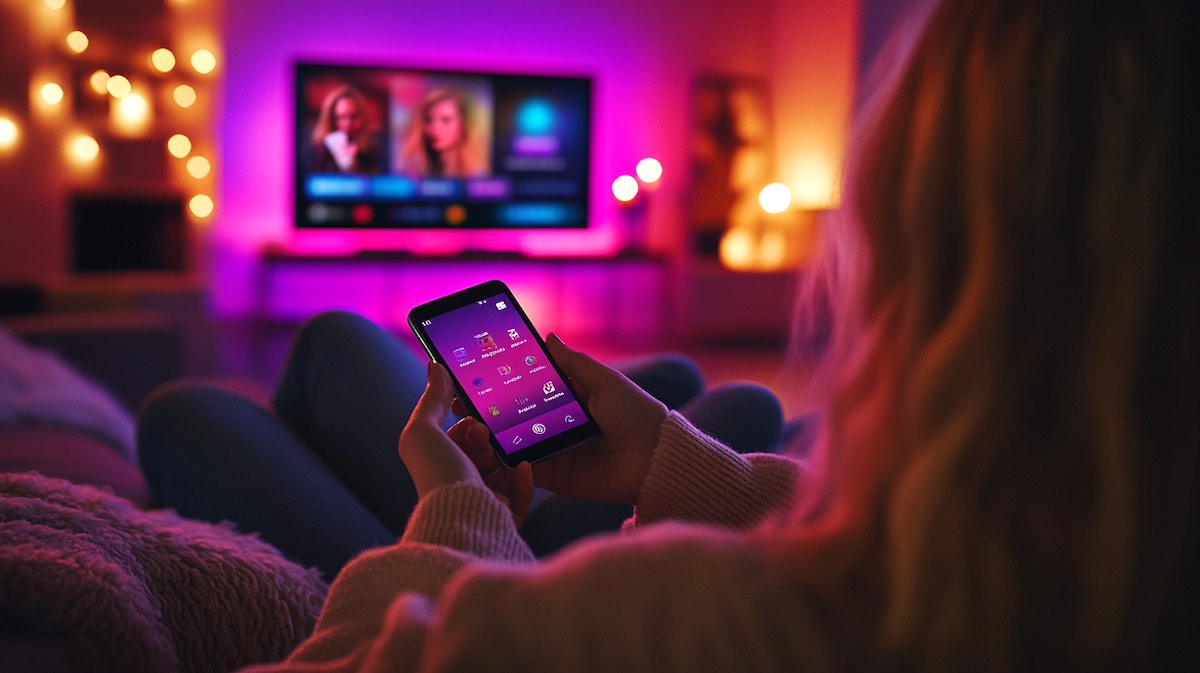 Android smartphone displaying the Roku Remote App interface, controlling a smart TV with streaming apps like Netflix and YouTube in a cozy living room setting